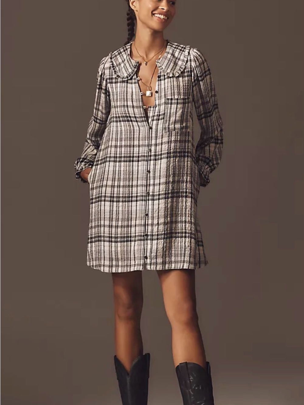 Anthropologie Black and White Plaid Mini Dress